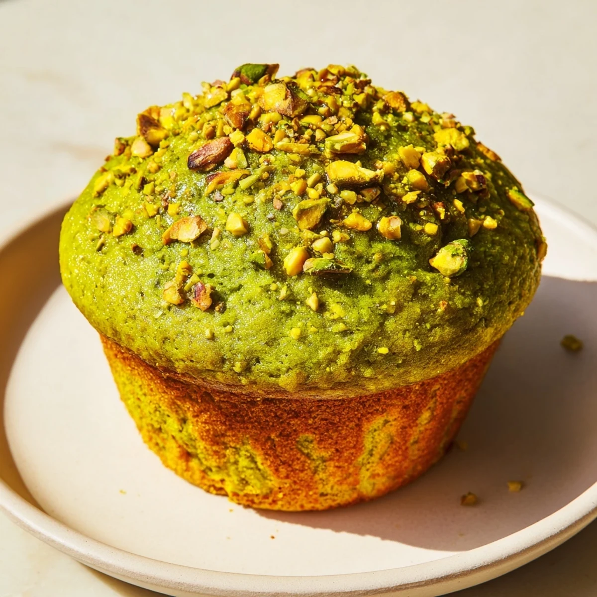 Warm Green Pistachio Muffins served on a plate with a dollop of yogurt for breakfast.