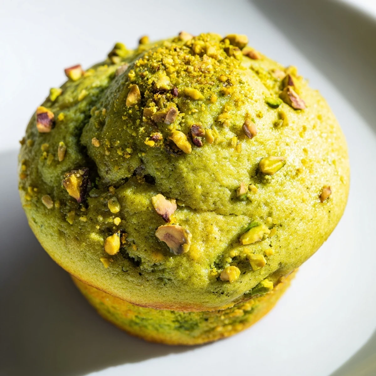 Close-up of Green Pistachio Muffins topped with chopped pistachios, showcasing their tender texture.