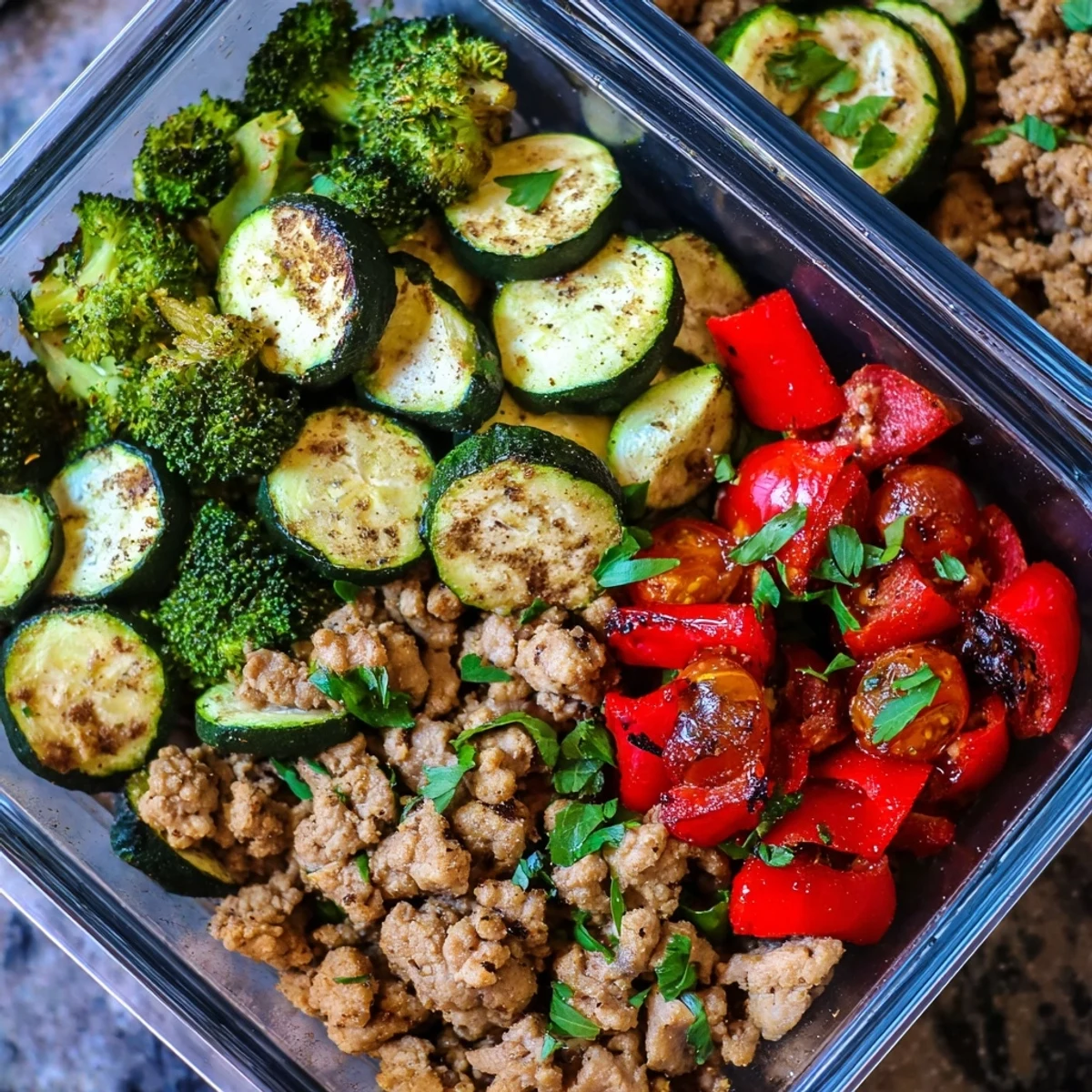 Top-down view of Turkey Meal Prep Containers, a balanced lunch with savory turkey, colorful roasted vegetables, and brown rice garnished with fresh parsley and lemon.