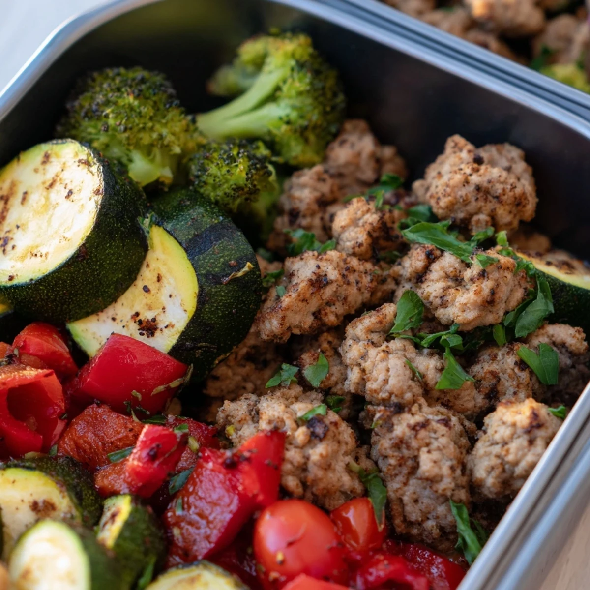 Four meal prep containers filled with Turkey Meal Prep Containers, featuring golden-brown ground turkey, roasted broccoli, bell pepper, and zucchini over fluffy brown rice.