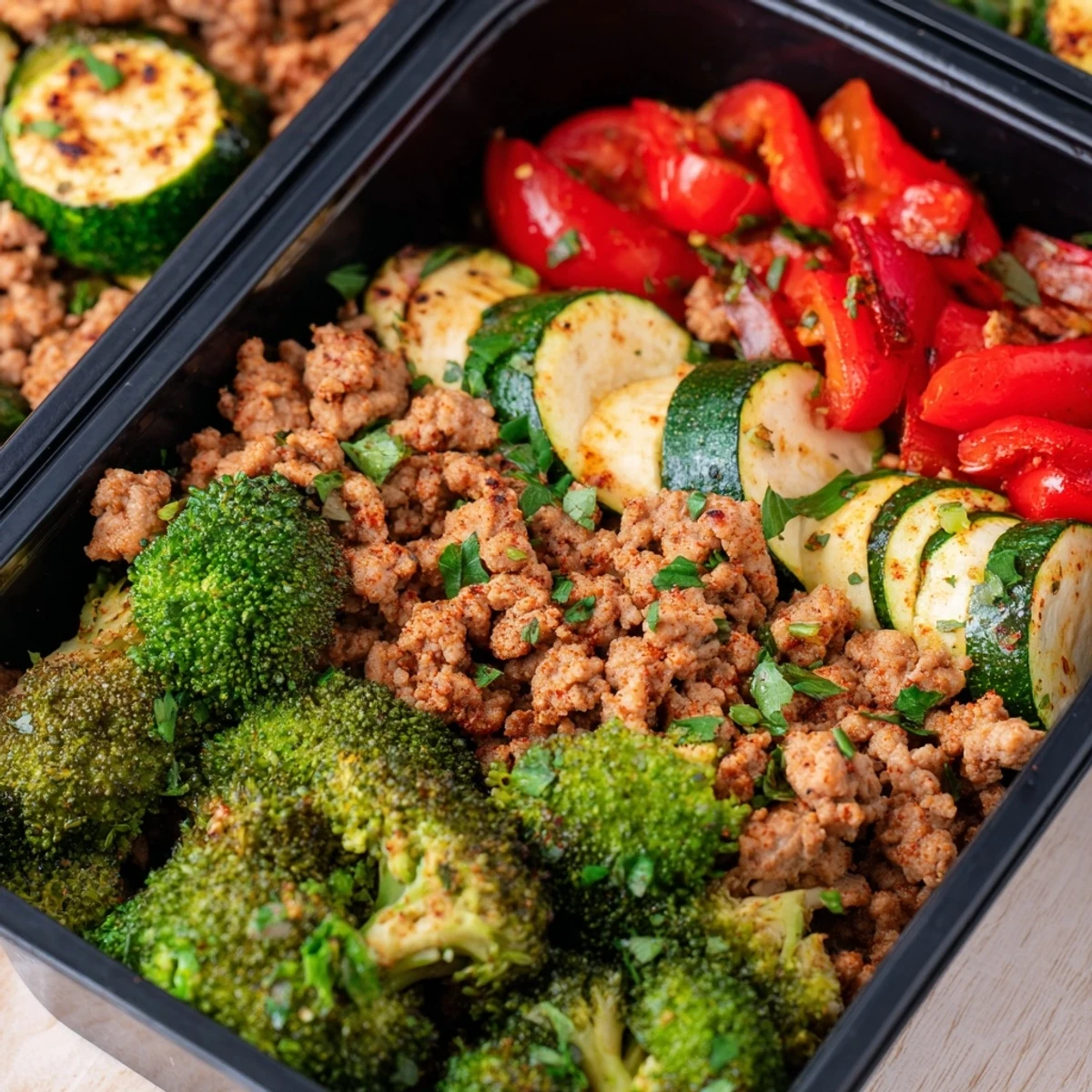 Close-up of Turkey Meal Prep Containers in clear glass containers, highlighting the tender ground turkey, caramelized roasted vegetables, and wholesome brown rice for a healthy meal.