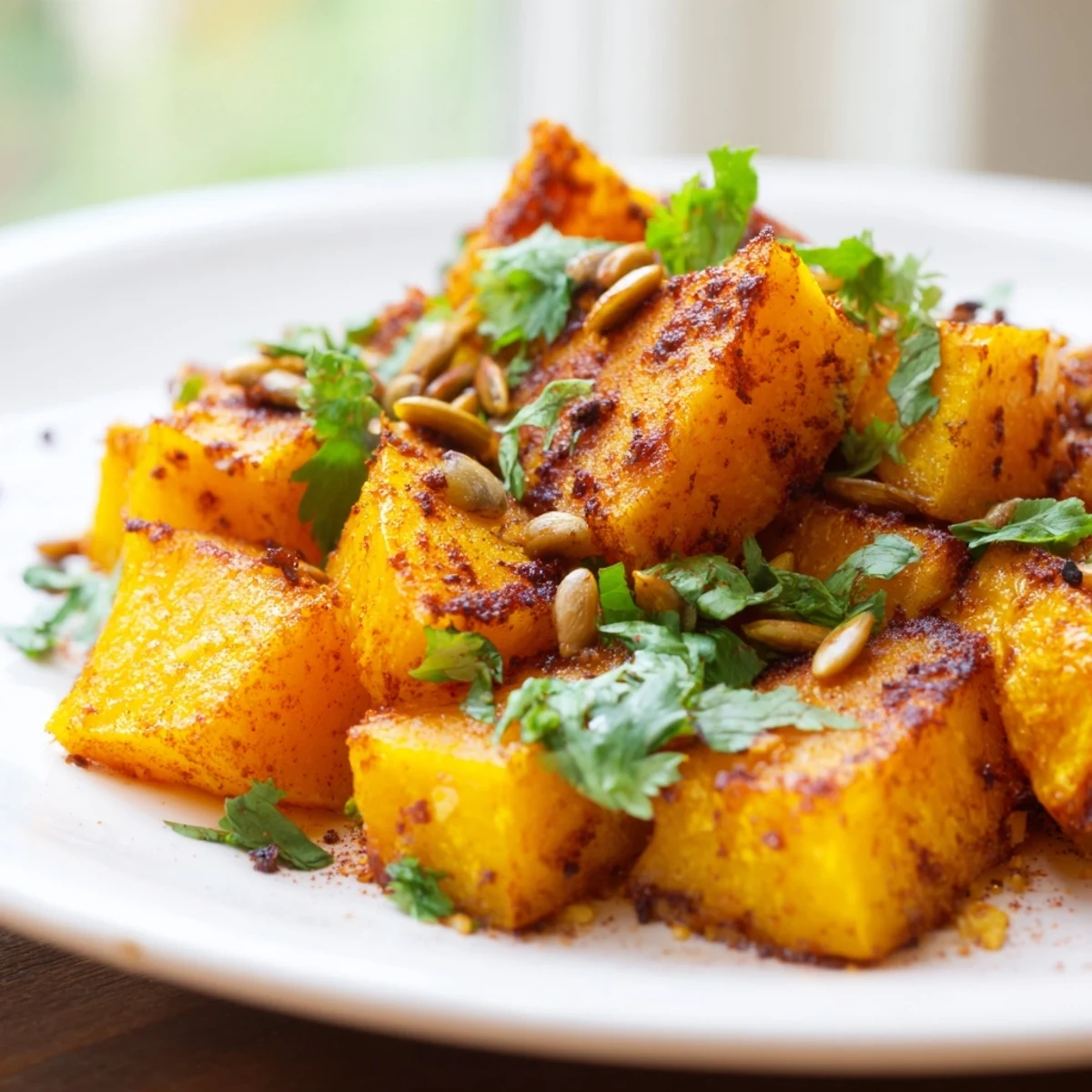 Roasted pumpkin cubes tossed in smoky paprika and cinnamon, creating a vibrant, flavorful side or snack for autumn meals.  