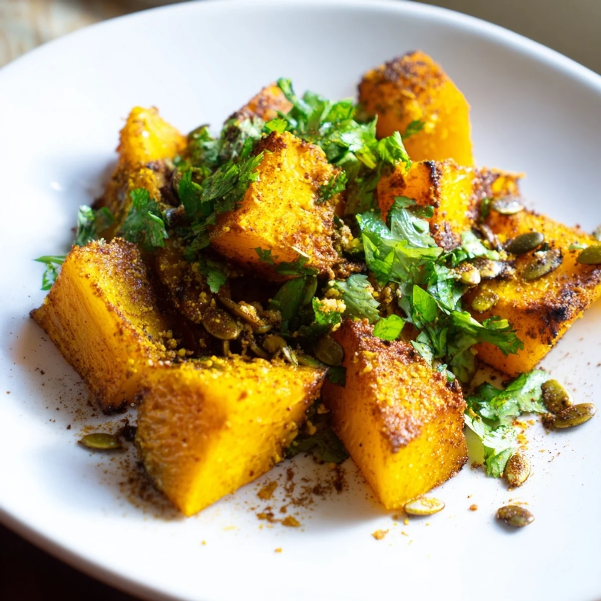 Golden roasted pumpkin cubes with aromatic spices garnished with fresh cilantro and pumpkin seeds, served warm as a savory side dish.  