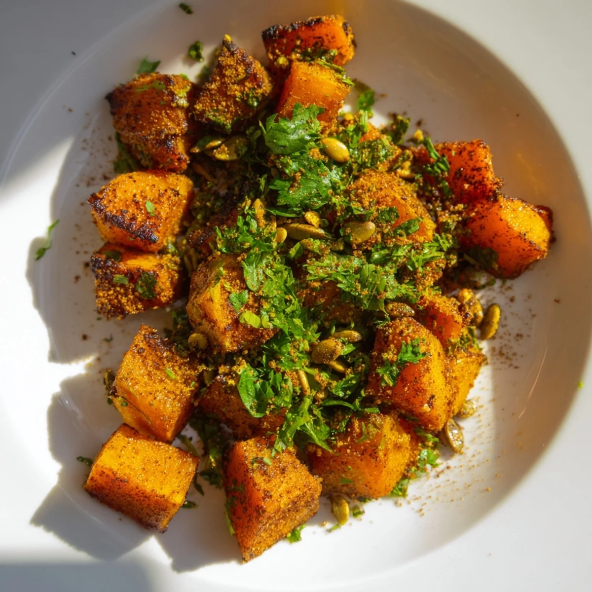 A close-up of perfectly roasted pumpkin cubes, lightly spiced and finished with toasted seeds and fresh herbs.