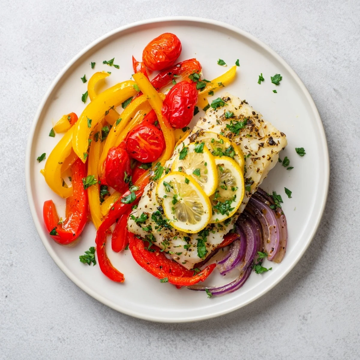 Perfectly baked cod fillet with roasted bell peppers and cherry tomatoes, garnished with fresh parsley and lemon slices for a zesty weeknight dinner.