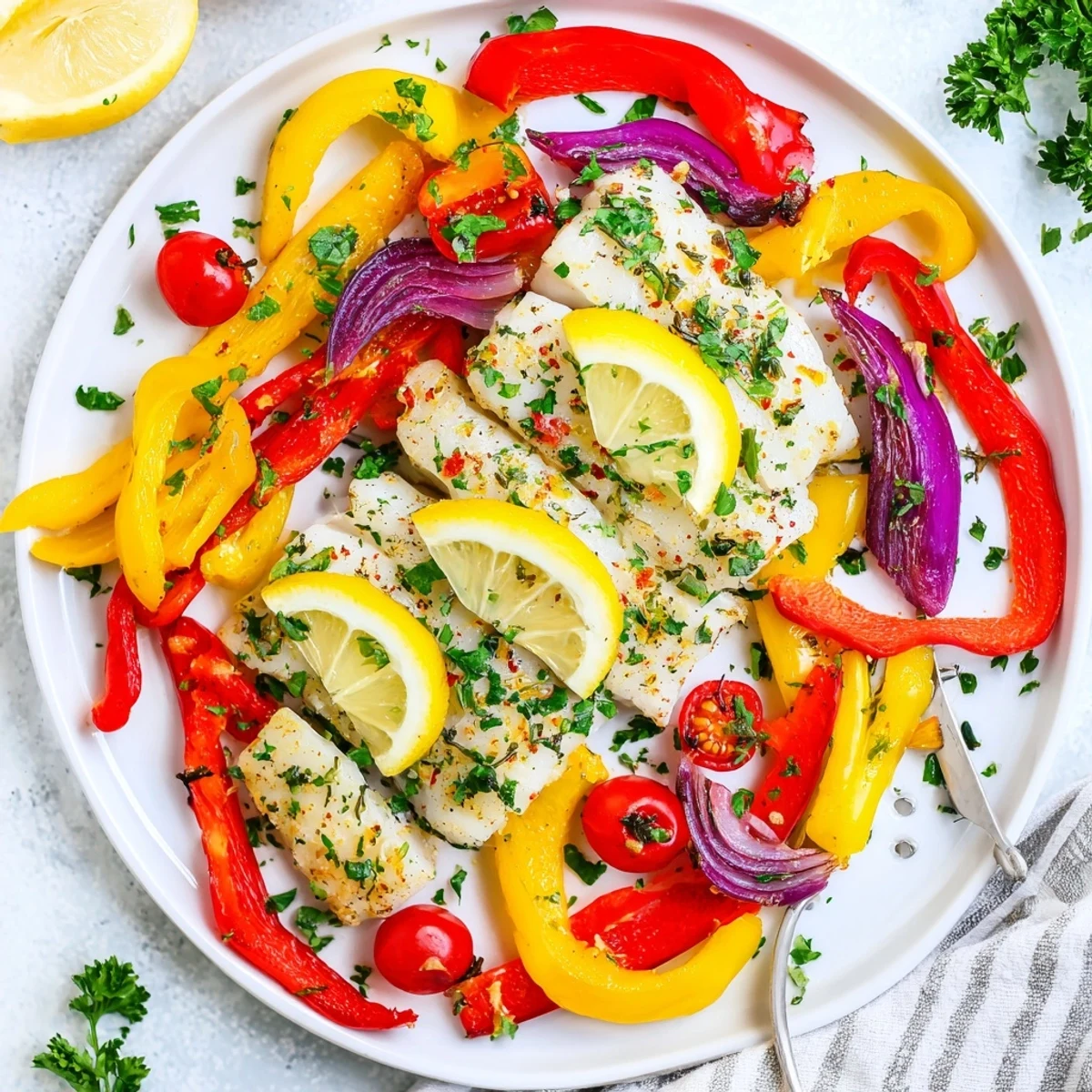 A close-up of tender baked cod fish fillet surrounded by caramelized red onions and garlic, served over a bed of fluffy quinoa.