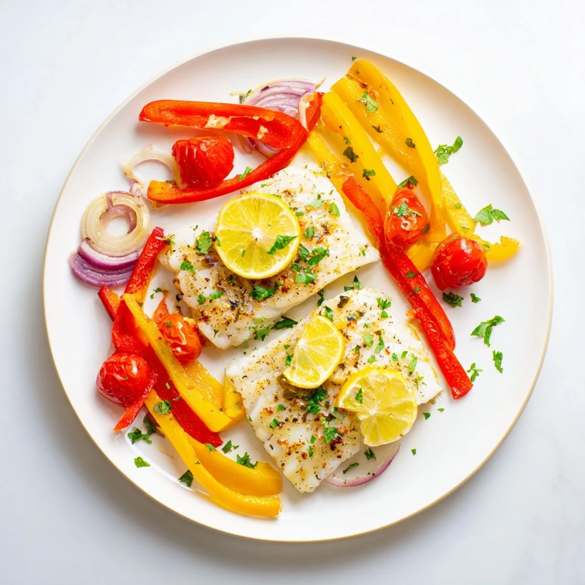 Golden, flaky baked cod fish fillet topped with lemon rounds and herbs, ready to serve with a colorful medley of roasted vegetables.