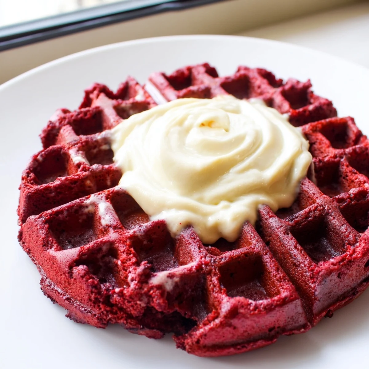 Freshly cooked Red Velvet Waffles with cream cheese syrup drizzled over the top, served warm for a special breakfast.