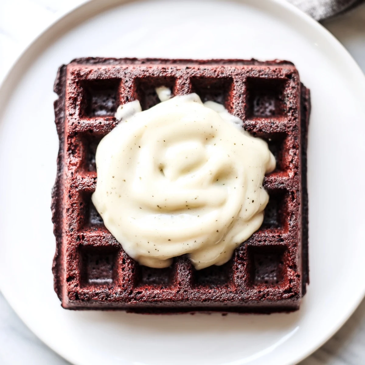 Golden Red Velvet Waffles with rich cream cheese syrup, ready to be served on a plate with butter.