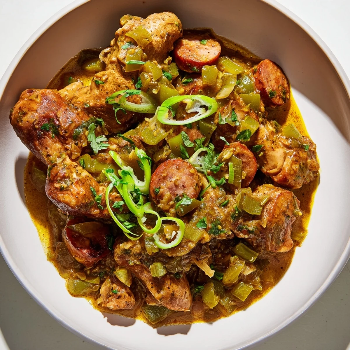 Steaming Cajun Chicken and Sausage Stew ladled over fluffy white rice, garnished with fresh parsley.