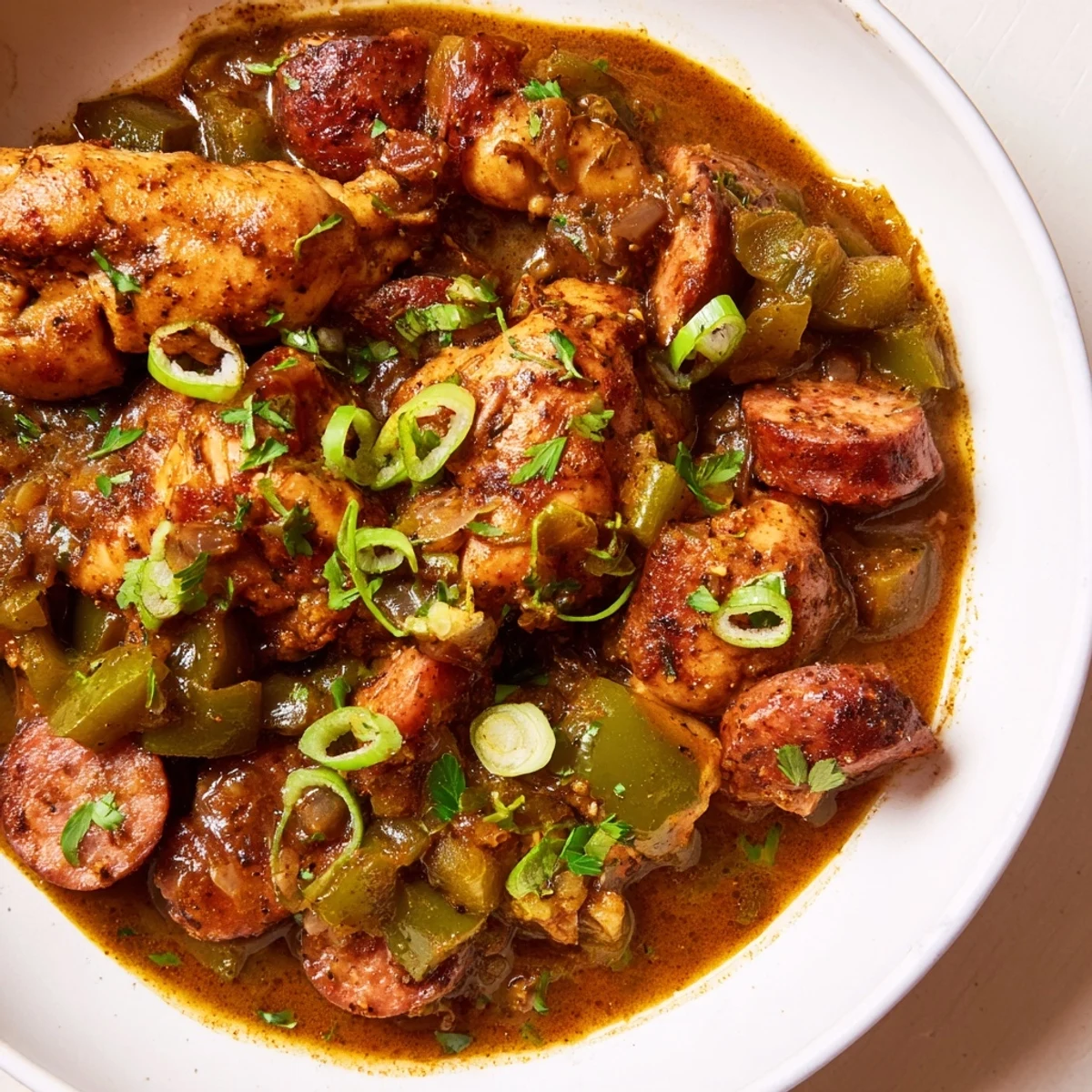 Hearty bowl of Cajun Chicken and Sausage Stew with tender chicken, spicy sausage, and bell peppers.