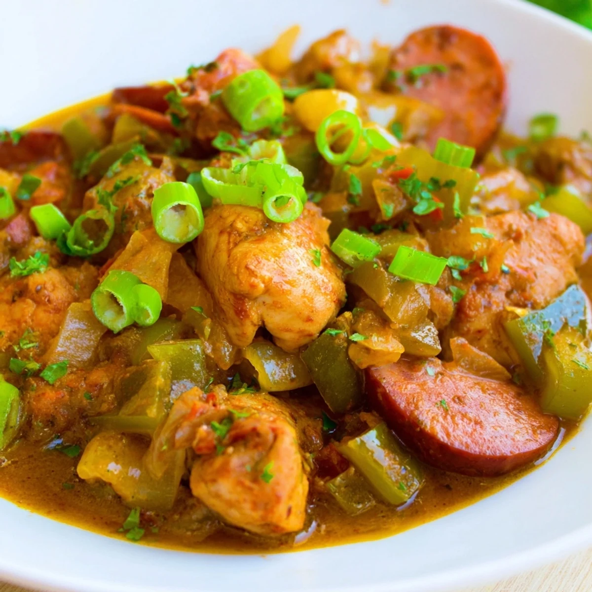 A close-up of rich Cajun Chicken and Sausage Stew in a rustic pot, ready to serve.