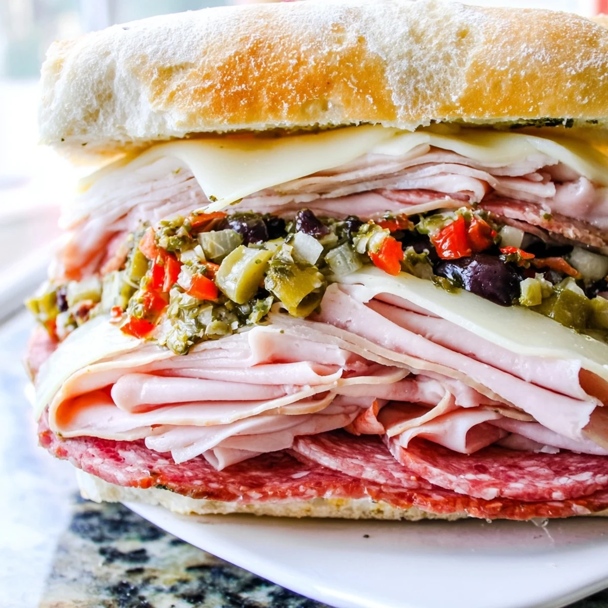 A hearty New Orleans Muffuletta Sandwich with layered halal meats and melted provolone on a round loaf.