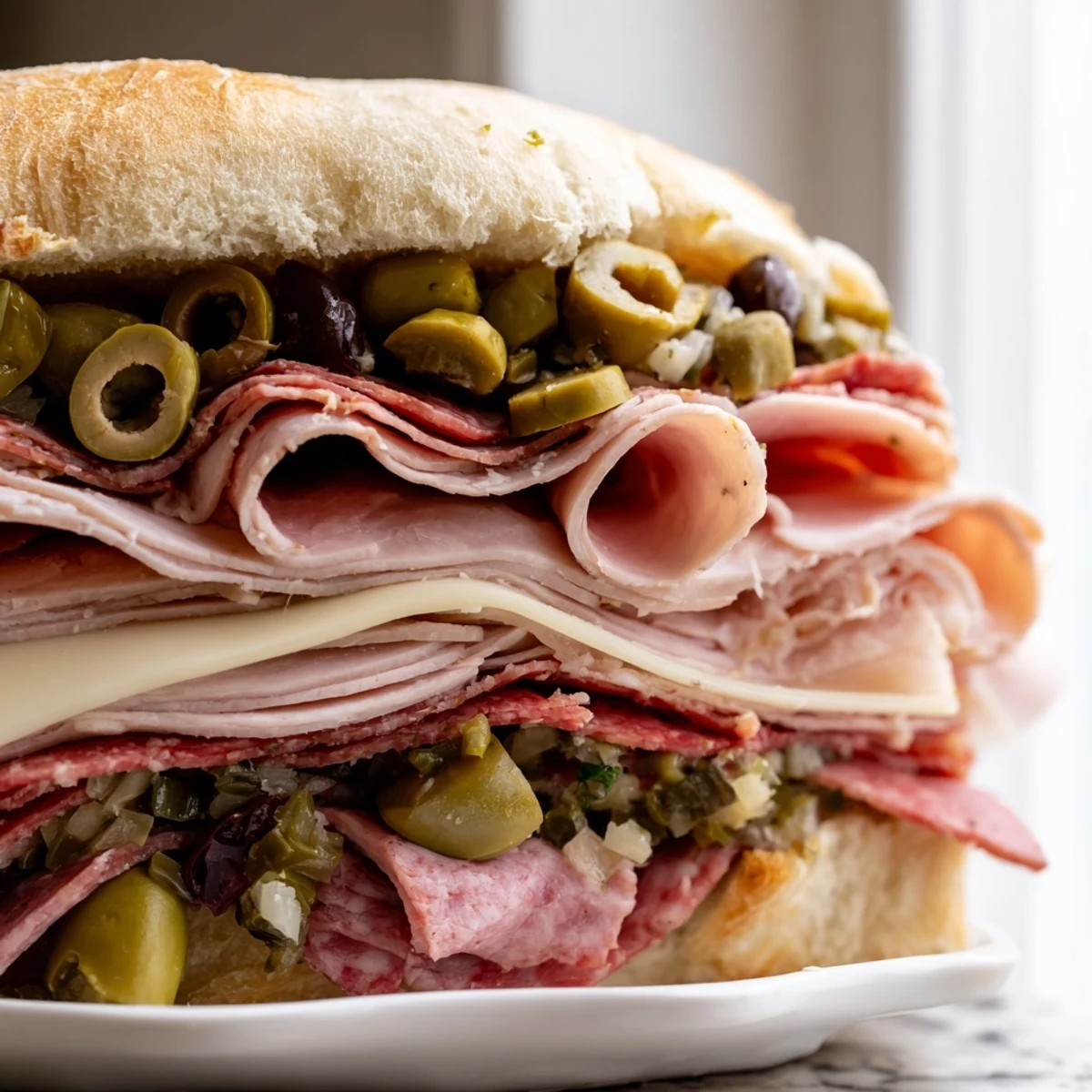 A generously stuffed New Orleans Muffuletta Sandwich cut into wedges, revealing layers of olive salad and meats.