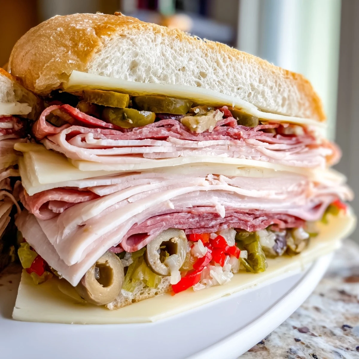 A fully assembled New Orleans Muffuletta Sandwich wrapped in parchment paper, ready to slice and serve.