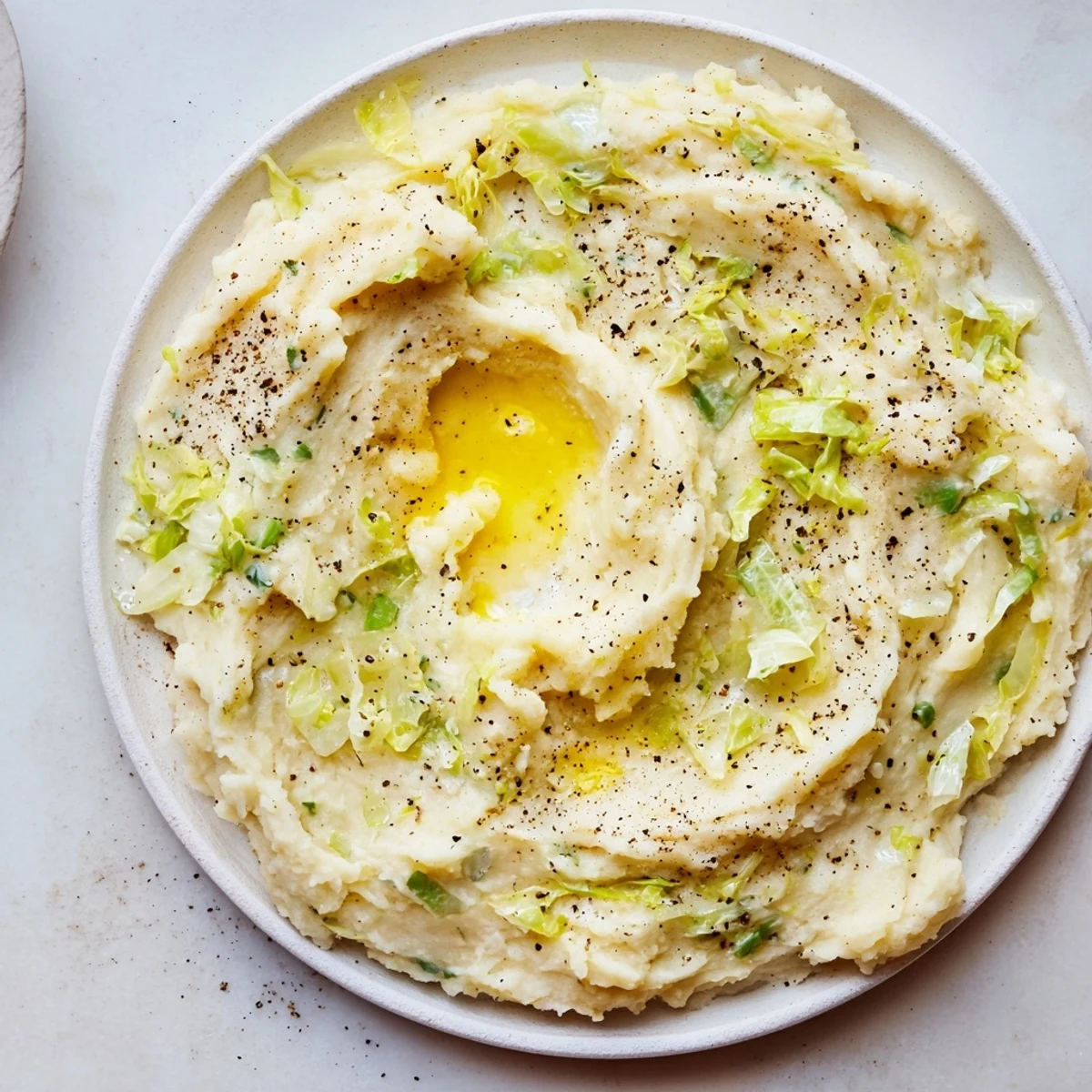 Creamy St. Patrick's Day Colcannon Mashed Potatoes topped with melting butter, served alongside festive corned beef and hearty roast meats.