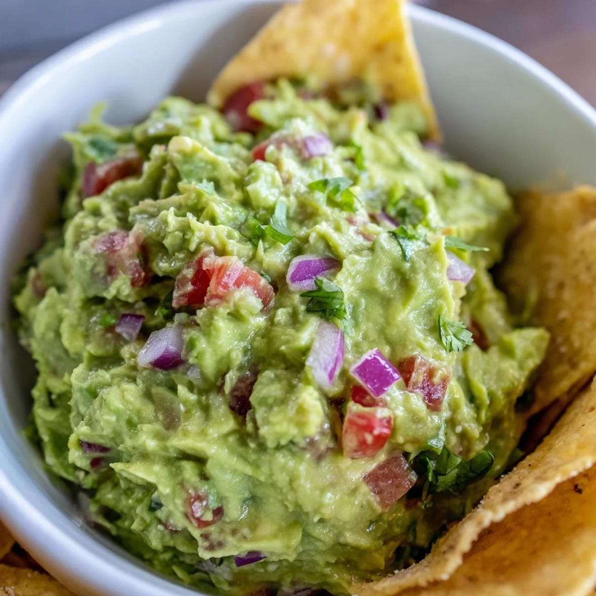 A serving spoon dips into creamy Big Game Guacamole next to warm homemade chips on a rustic wooden serving platter.