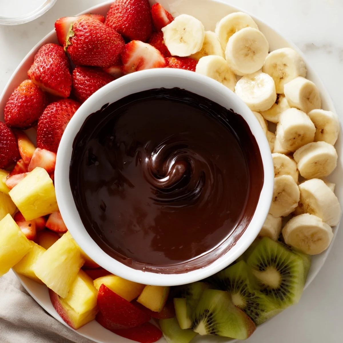 Silky, melted chocolate fondue bathes fresh strawberries, banana slices, and juicy pineapple in a romantic dessert spread.