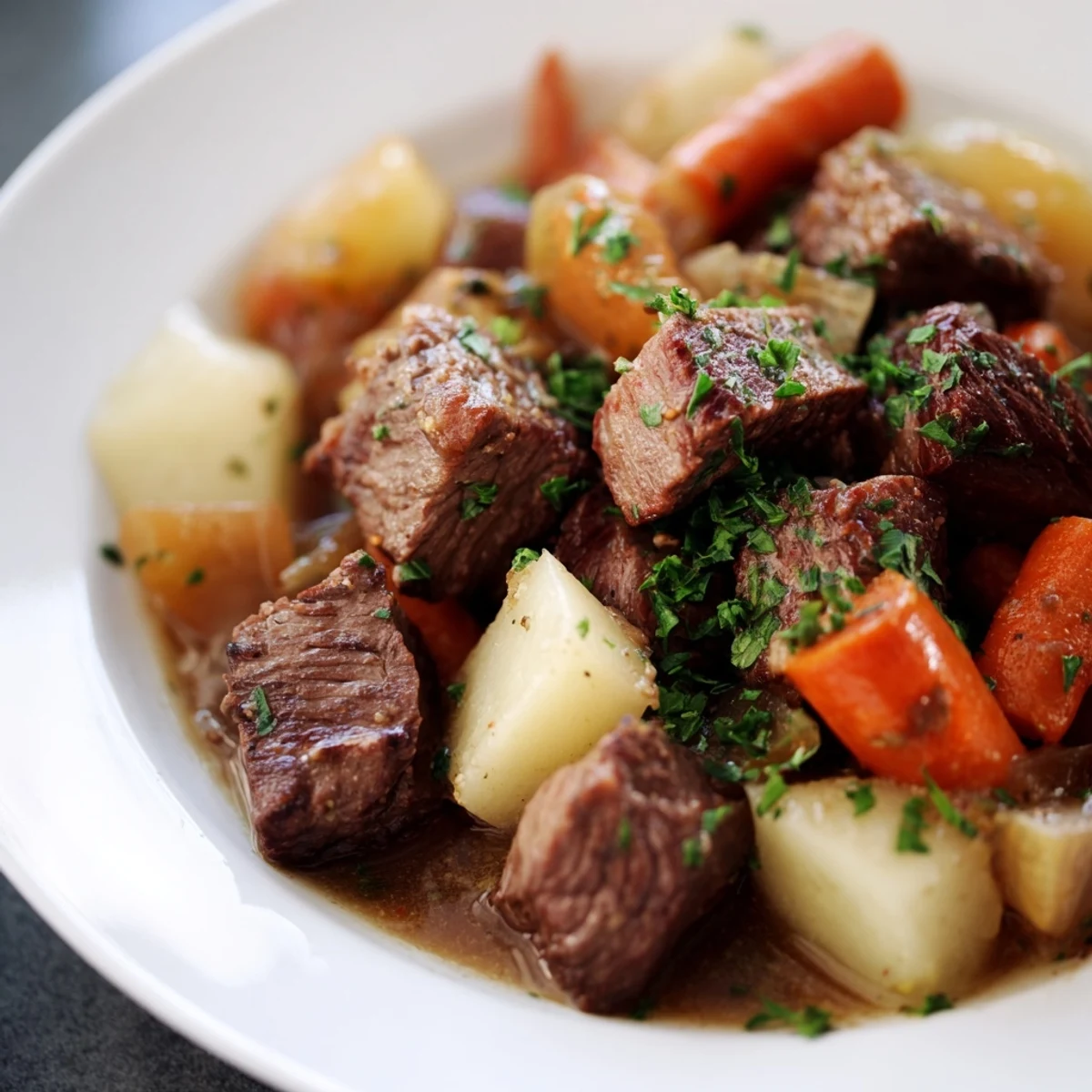 Steaming bowl of Irish Beef Stew with Root Vegetables, featuring tender beef chunks and colorful carrots, parsnips, and potatoes in a rich, aromatic broth.