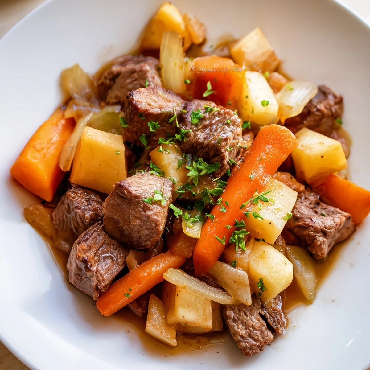 A rustic Dutch oven filled with hearty Irish Beef Stew, showcasing soft turnip, celery, and onions simmered in a dark, savory gravy for a comforting meal.