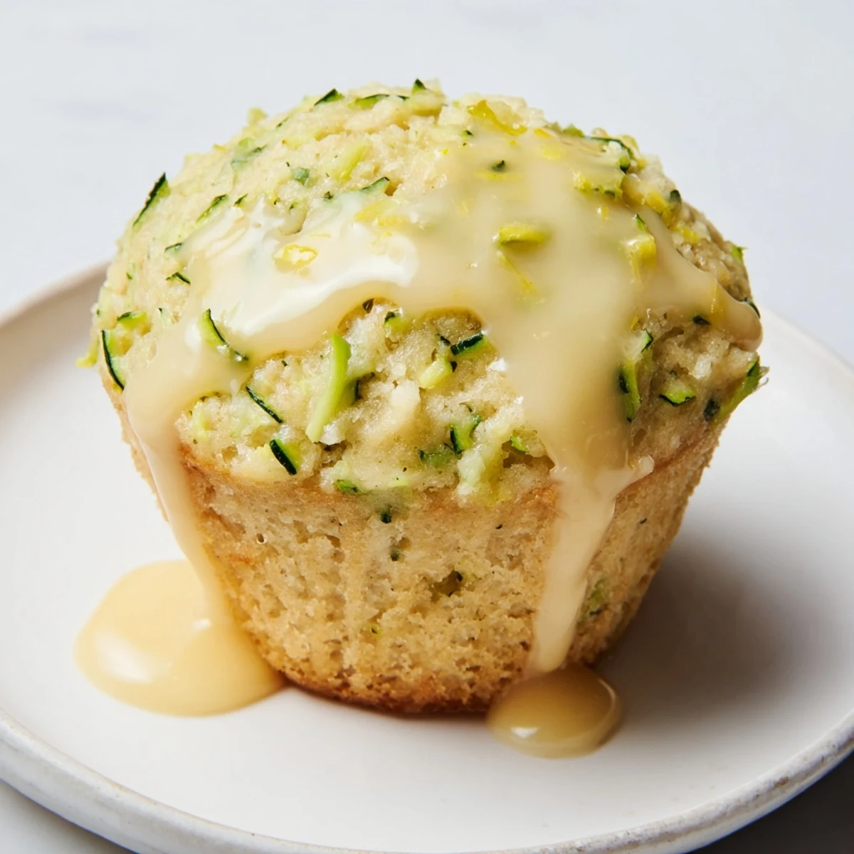 Twelve Green Zucchini Muffins with Lemon Glaze rest on a cooling rack with lemon wedges.