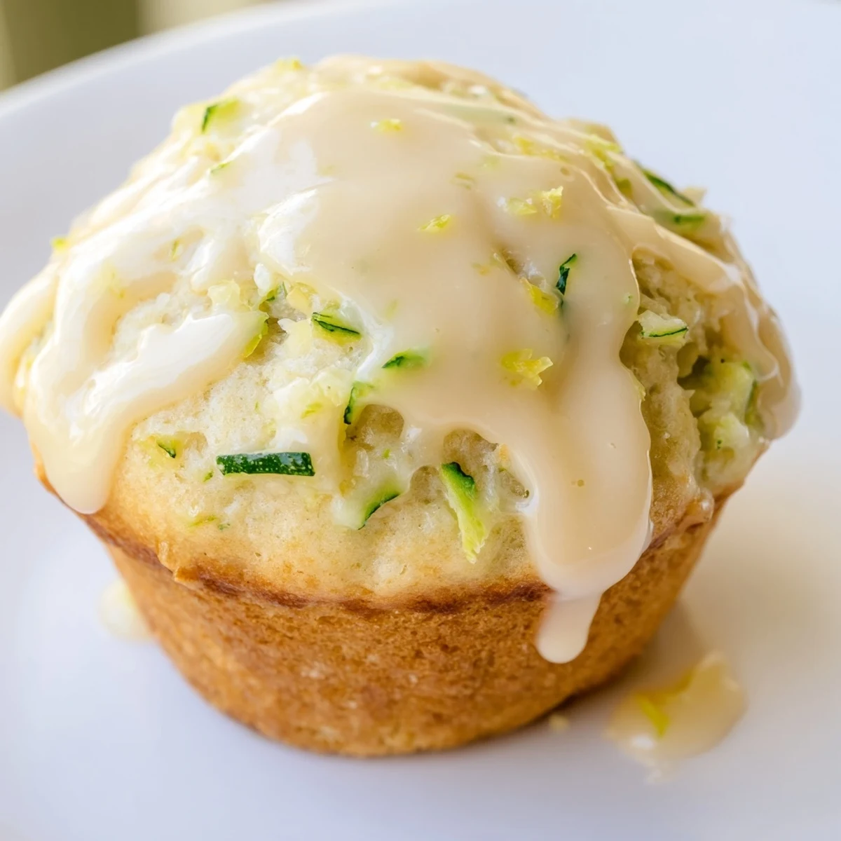 Freshly baked Green Zucchini Muffins with Lemon Glaze on a marble board, drizzled and ready to serve.