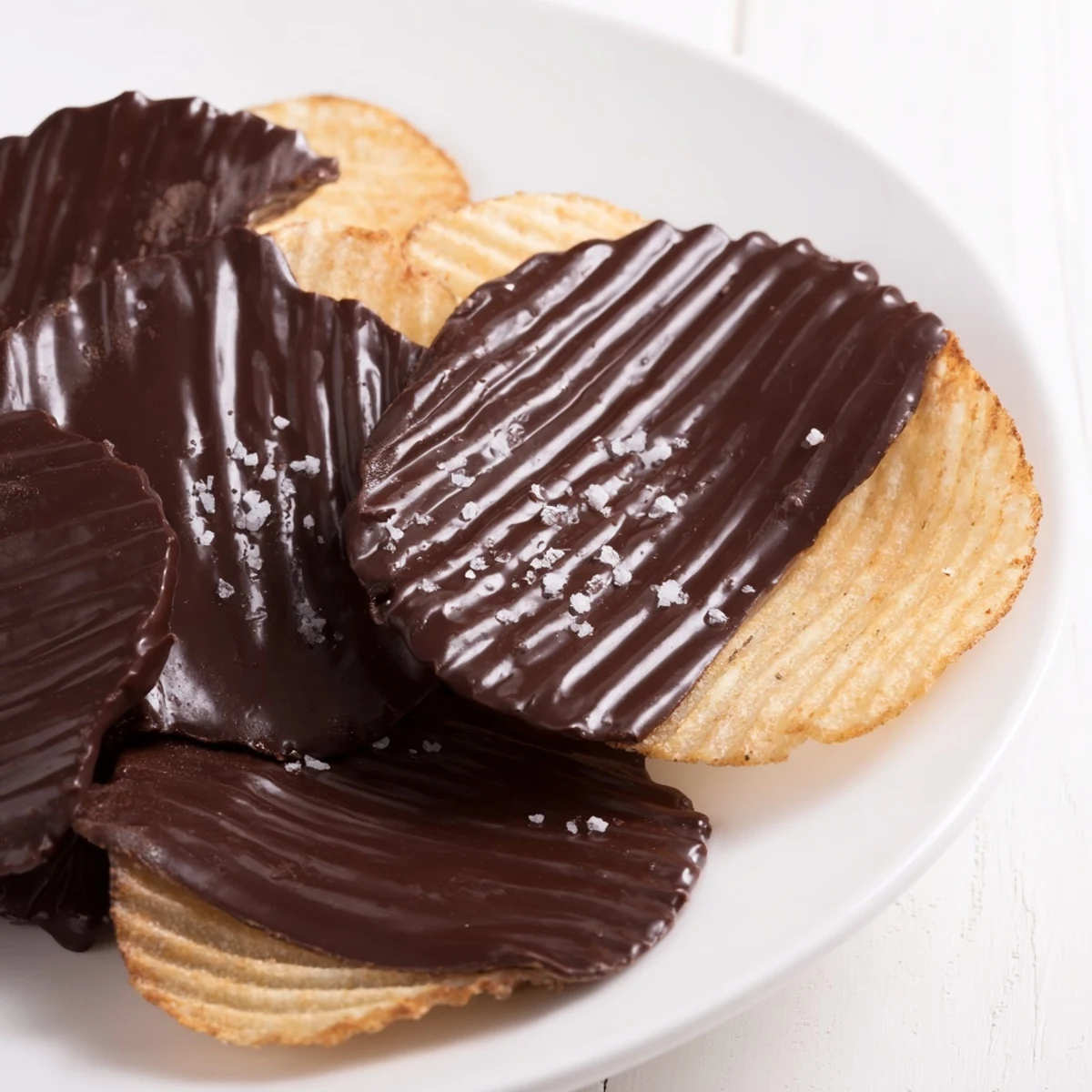 A close-up of Chocolate Covered Potato Chips with glossy dark chocolate, sprinkled with sea salt, and stacked on a rustic platter.
