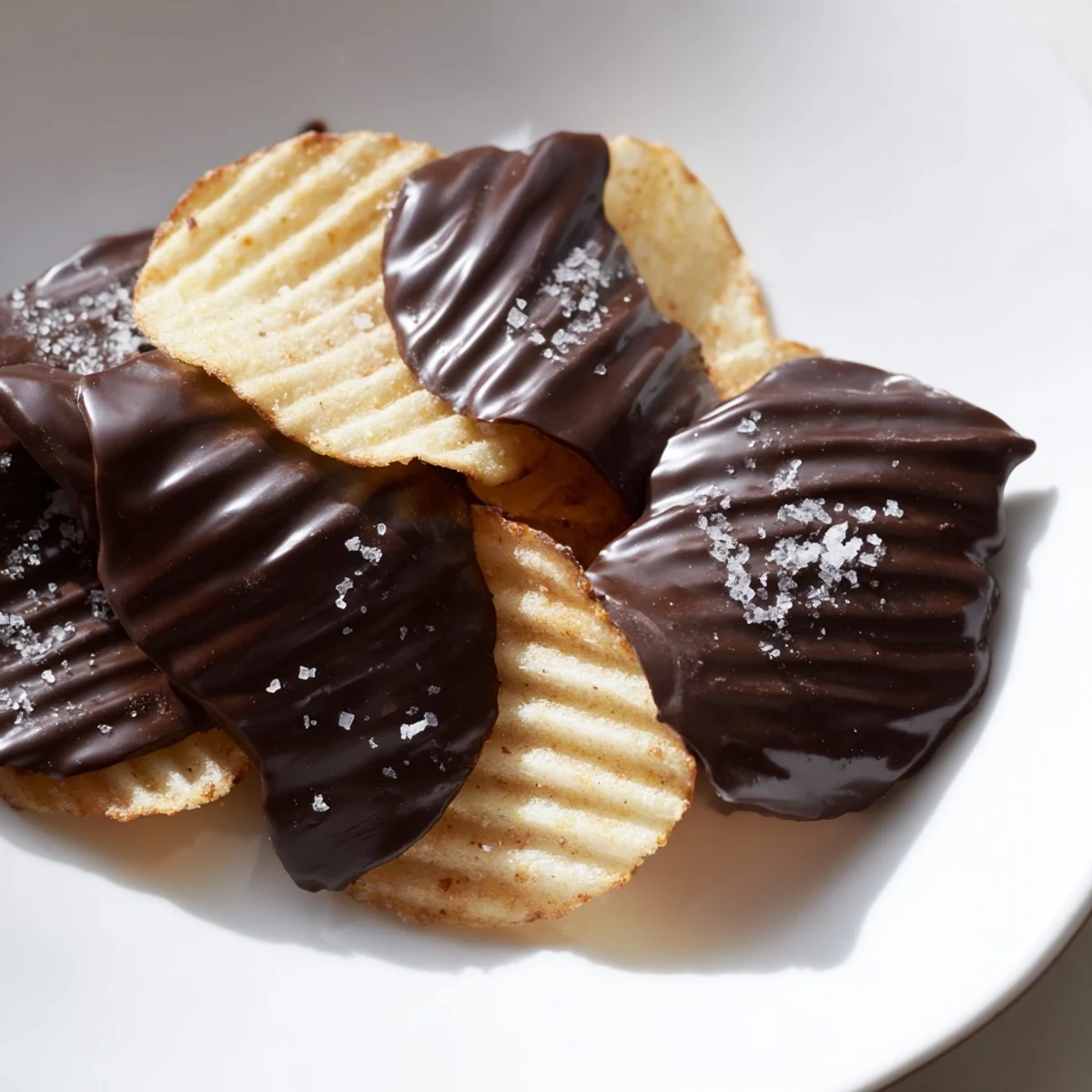 Seven pieces of Chocolate Covered Potato Chips arranged on parchment paper, some fully dipped and others half-dipped, with chopped nuts nearby.