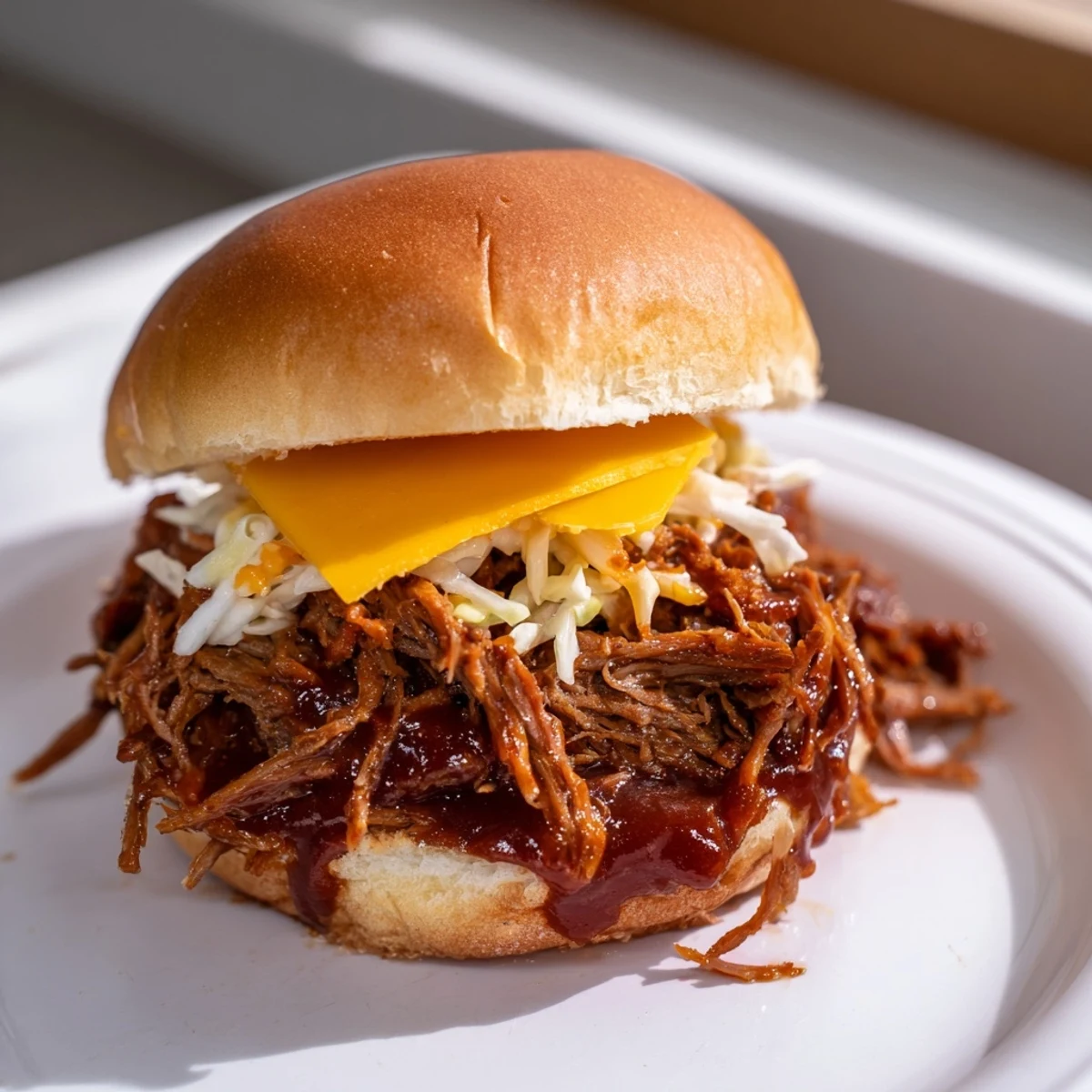 Freshly assembled MVP Beef Brisket Sliders featuring tender shredded meat, melted cheddar cheese, and a toasted bun, ready to be devoured at a backyard barbecue.