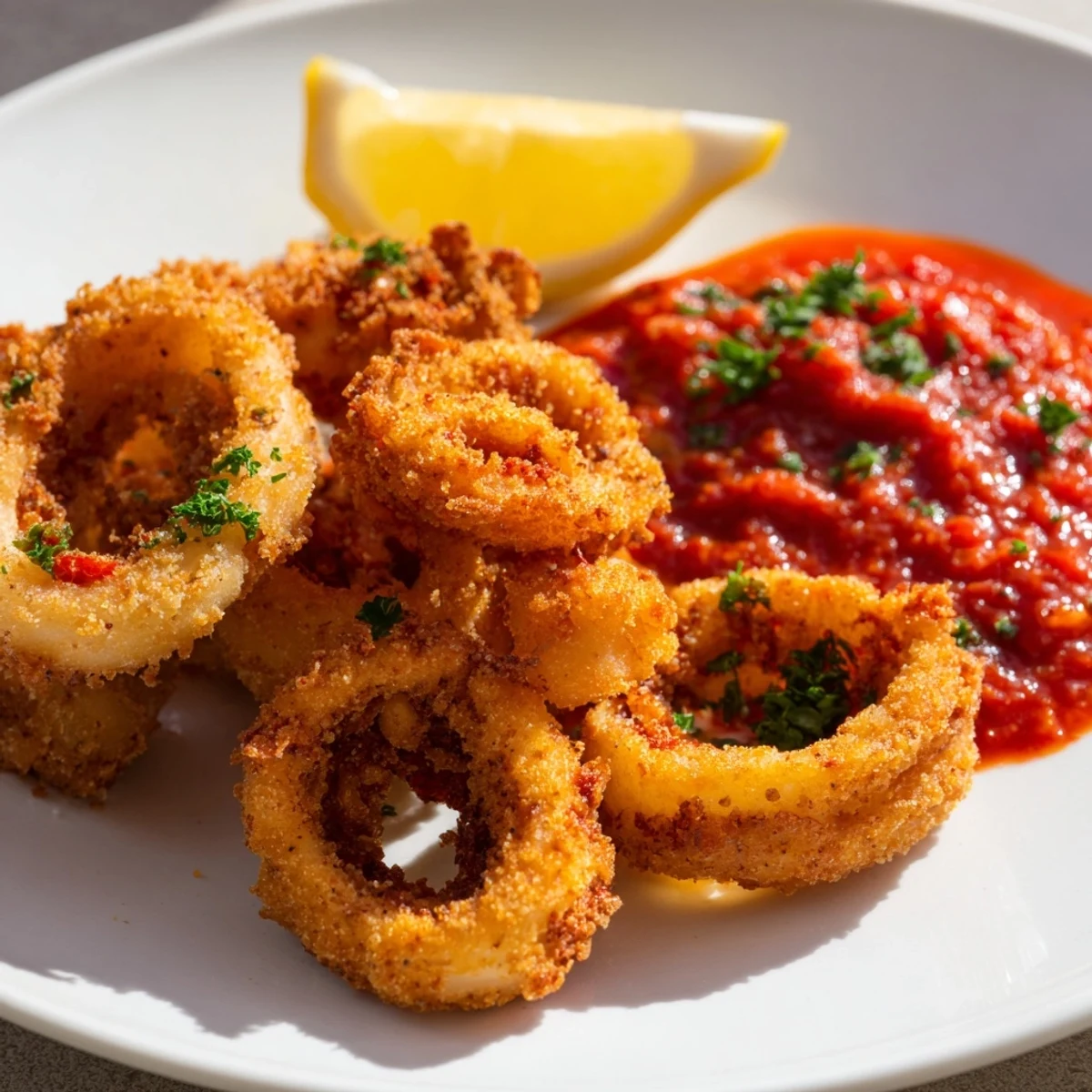 A close-up of Big Game Crispy Calamari with Marinara on a platter, steam rising from crunchy rings.