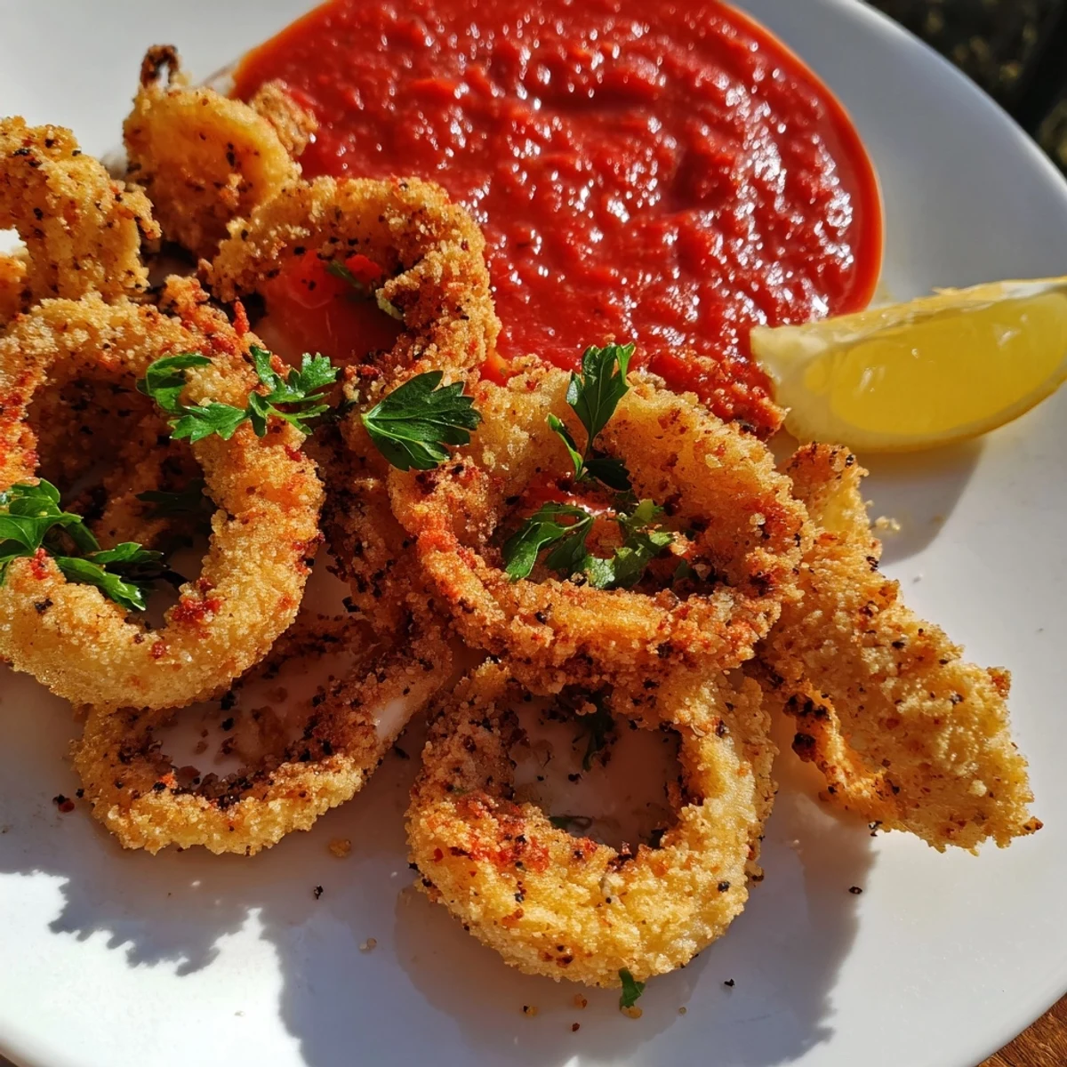 Golden-battered Big Game Crispy Calamari with Marinara arranged next to a bowl of red sauce.