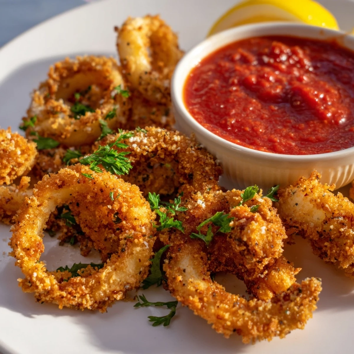 Homemade Big Game Crispy Calamari with Marinara served with lemon wedges and fresh parsley garnish.