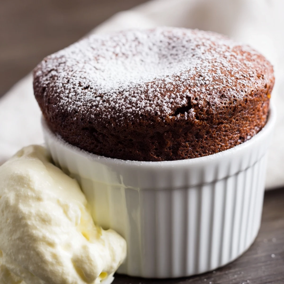 Golden-brown Romantic Chocolate Soufflé with Cream rising high from a buttered ramekin, dusted with powdered sugar.