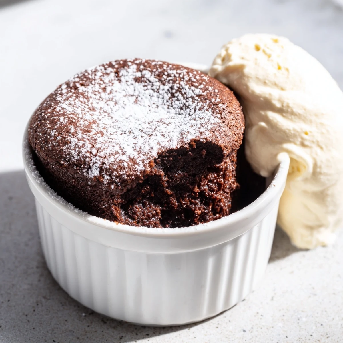 Decadent Romantic Chocolate Soufflé with Cream served warm beside a fluffy dollop of sweet vanilla whipped cream.