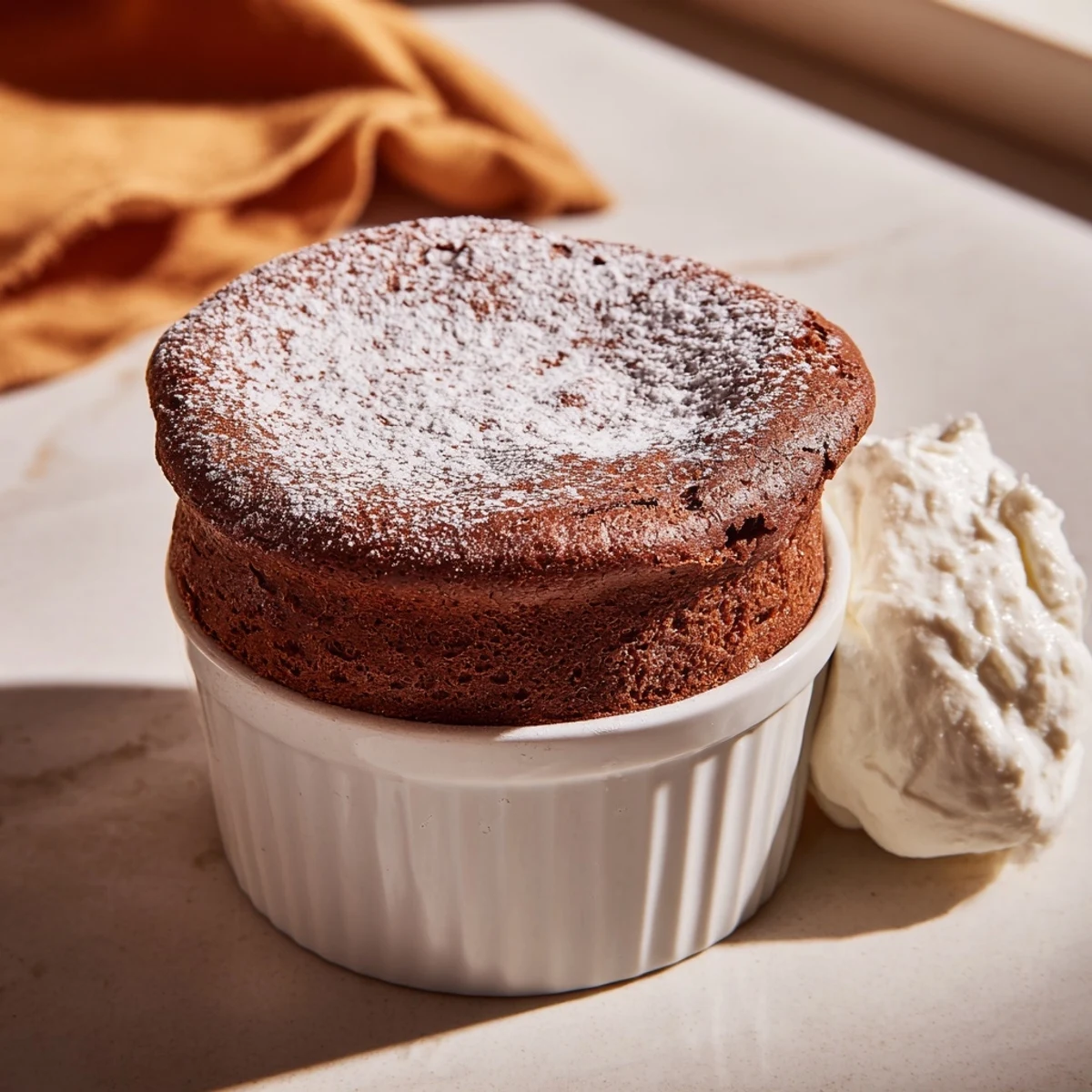 Perfectly risen Romantic Chocolate Soufflé with Cream presented on a romantic dinner plate with fresh strawberries nearby.