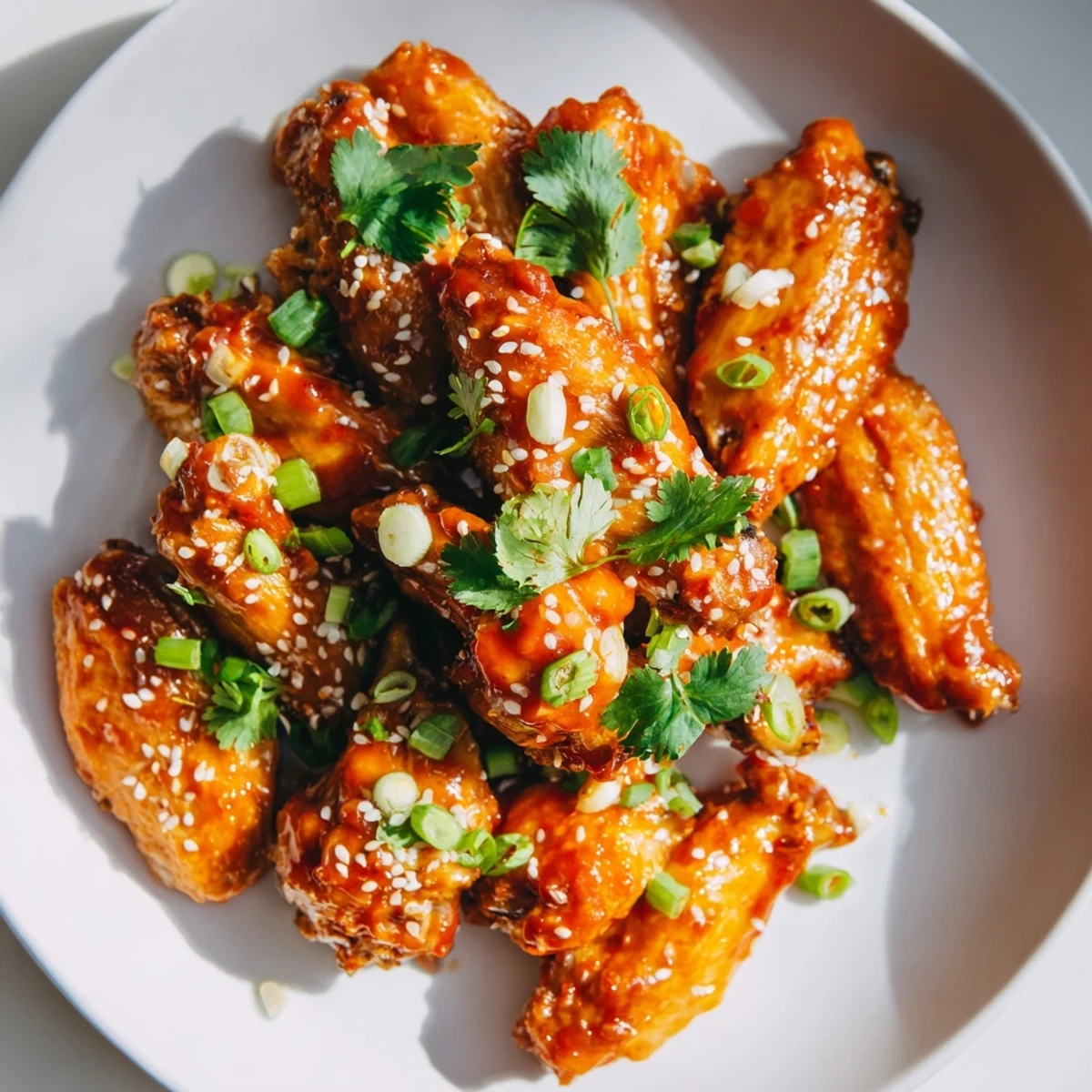 Freshly baked Super Bowl Spicy Sriracha Wings tossed in spicy sauce on a party platter.