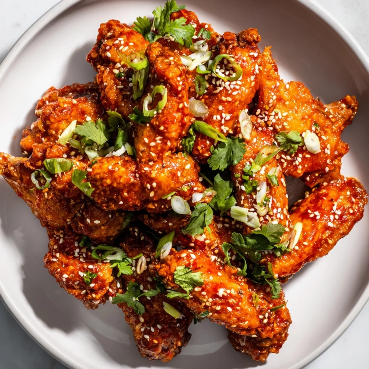 Golden Super Bowl Spicy Sriracha Wings garnished with cilantro and sesame seeds for game day.