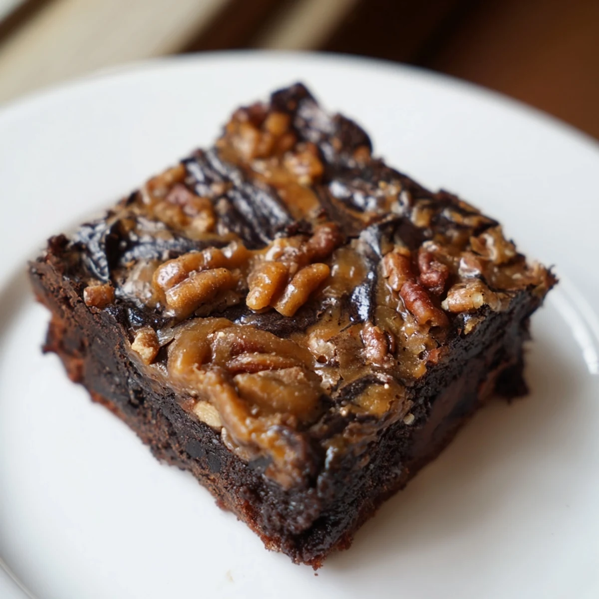 Golden-brown New Orleans Praline Brownies with a glossy, nutty praline swirl on top, sliced into squares on a rustic wooden board.