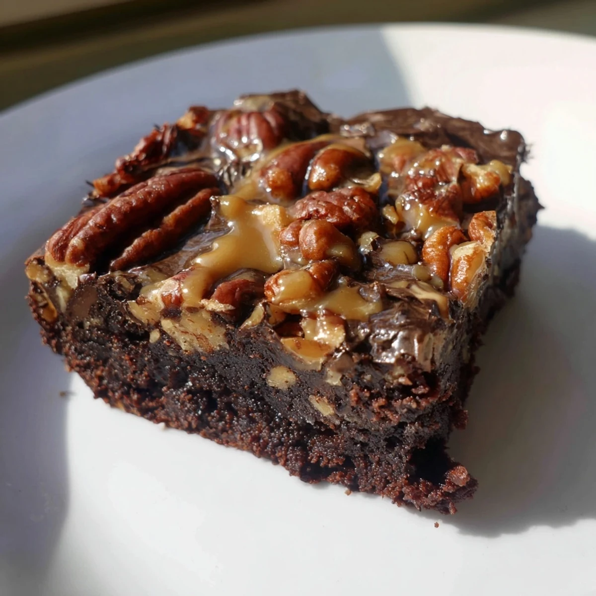 Decadent New Orleans Praline Brownies plated with a dollop of vanilla ice cream melting over the rich, gooey praline swirls.