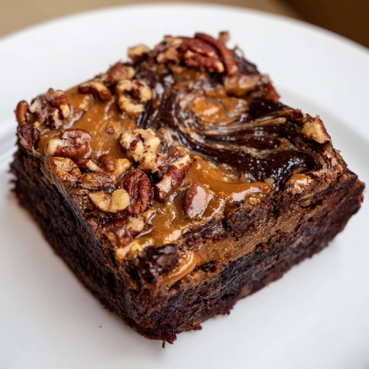 A close-up of warm New Orleans Praline Brownies revealing fudgy chocolate layers and a buttery pecan topping, ready to serve.