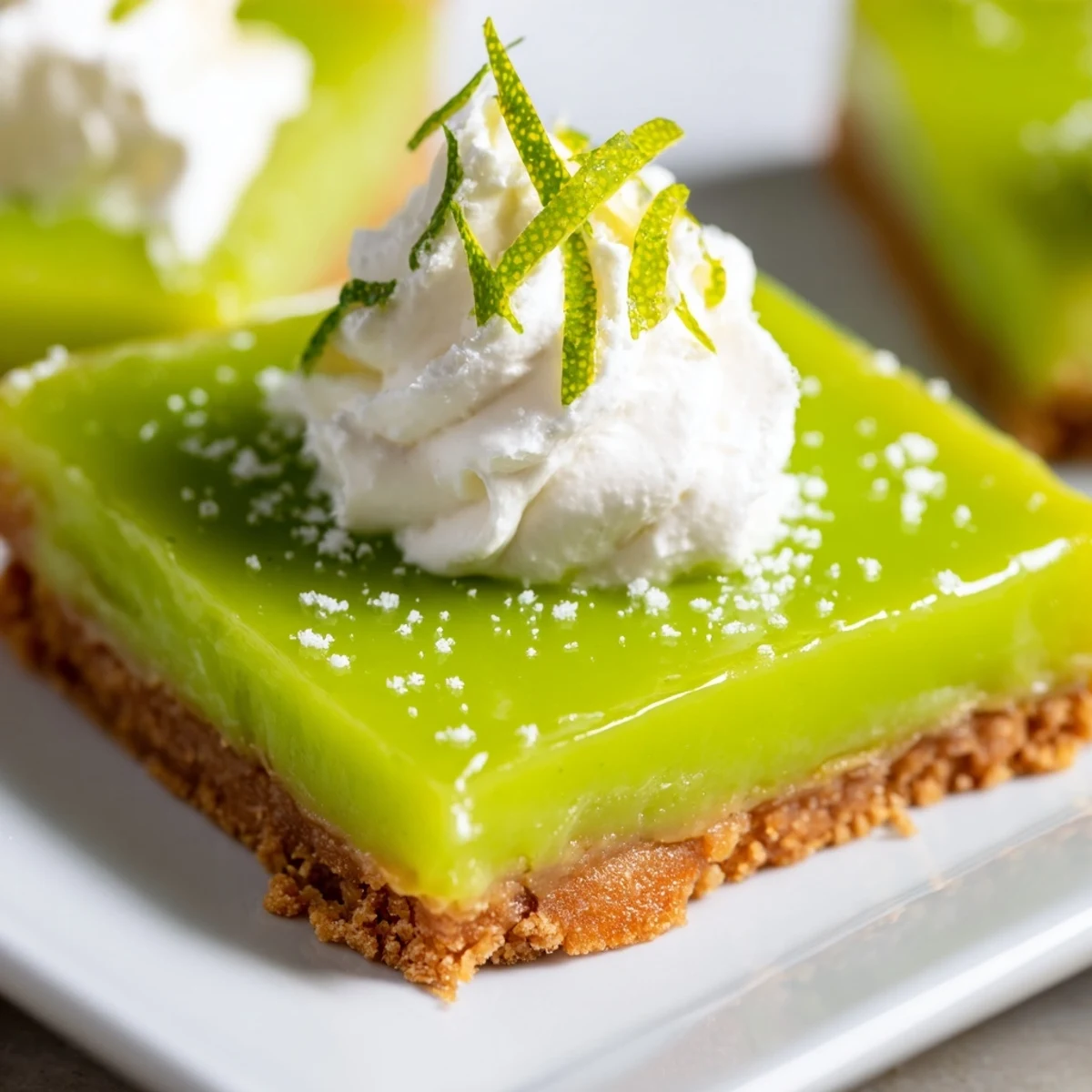 A close-up of St. Patrick's Day Key Lime Pie Bars topped with whipped cream and fresh lime zest slices.