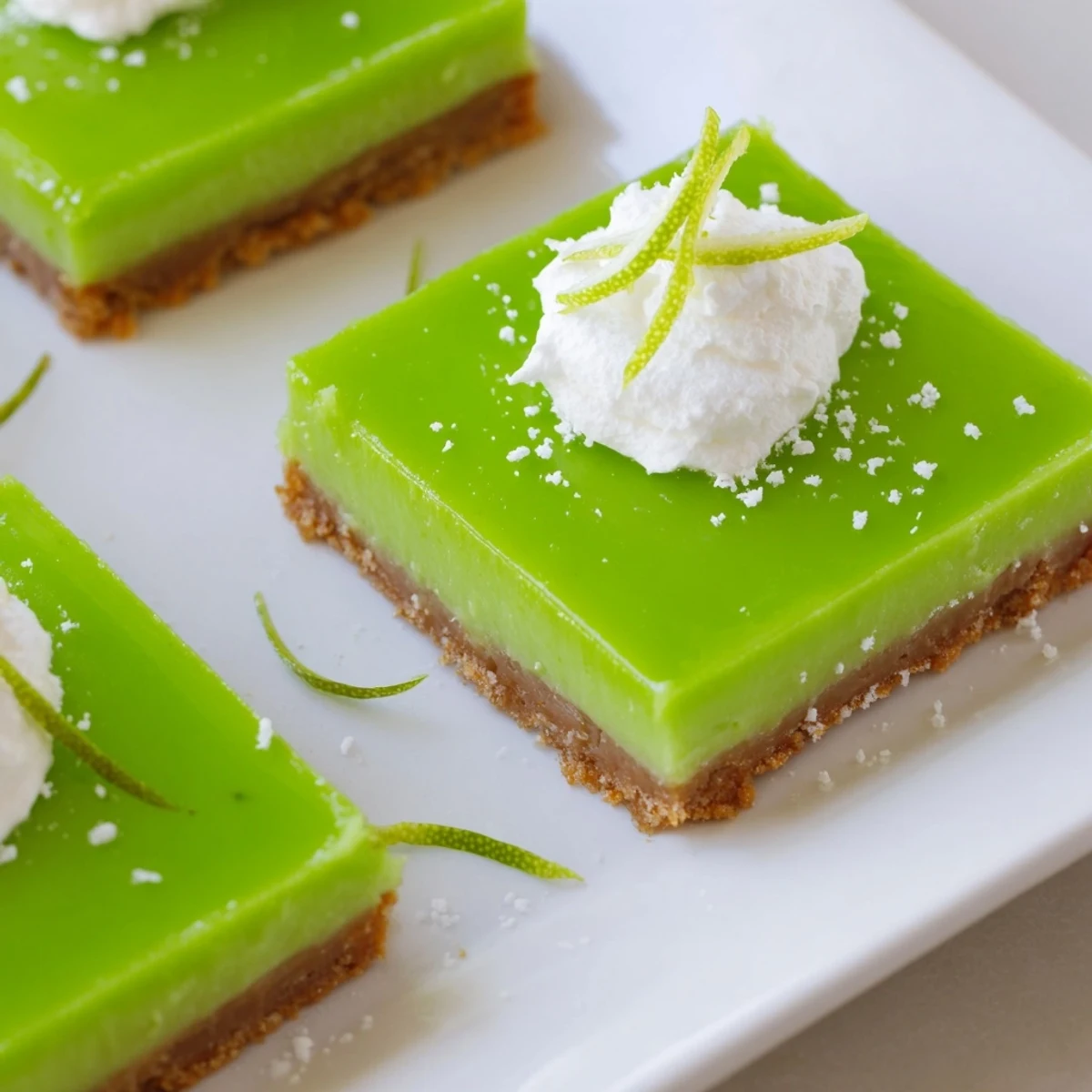 Cut squares of St. Patrick's Day Key Lime Pie Bars revealing a buttery graham cracker crust on a marble counter.