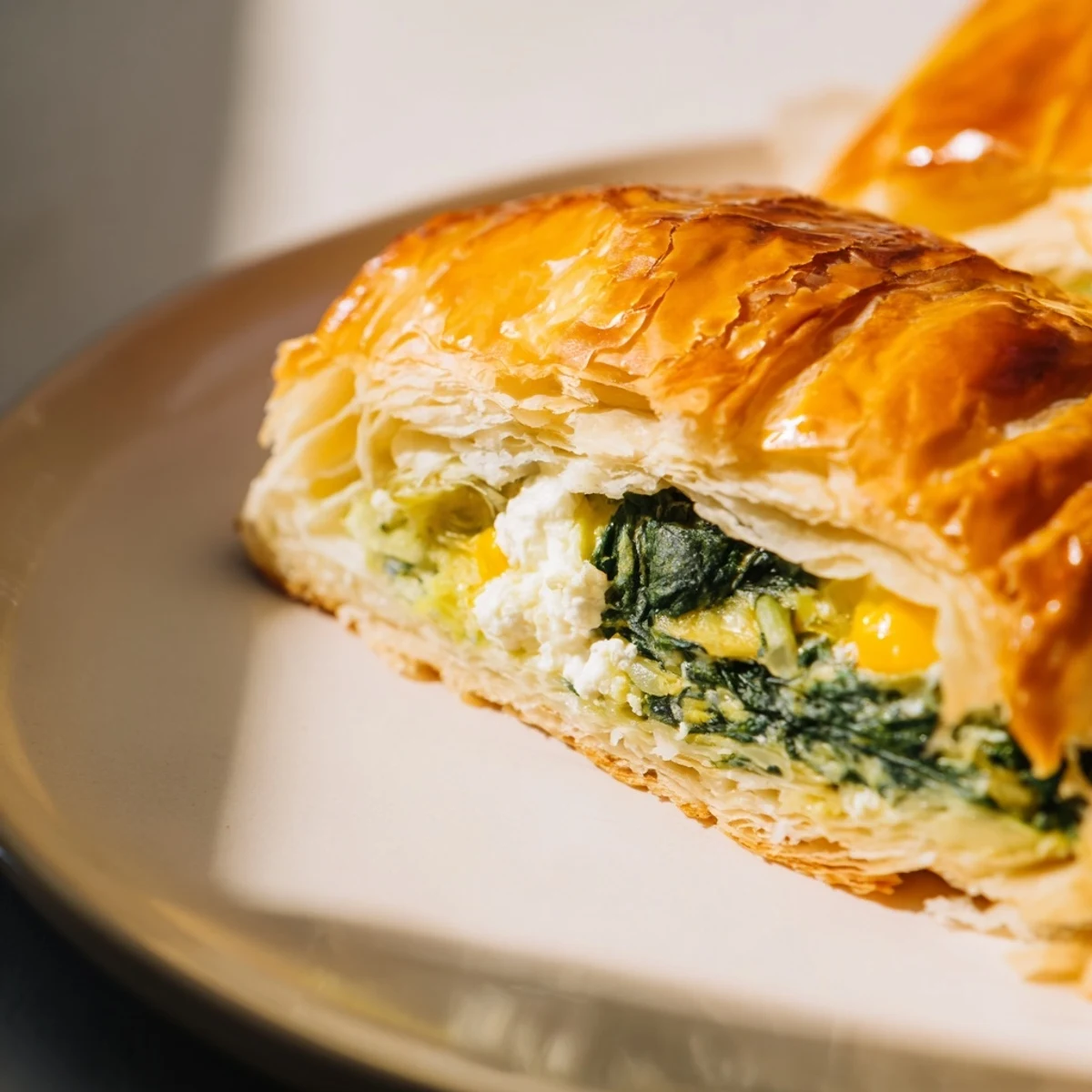 Freshly baked Green Spinach and Feta Puff Pastry on a wooden board, featuring golden, flaky layers and a vibrant green filling of spinach and herbs.