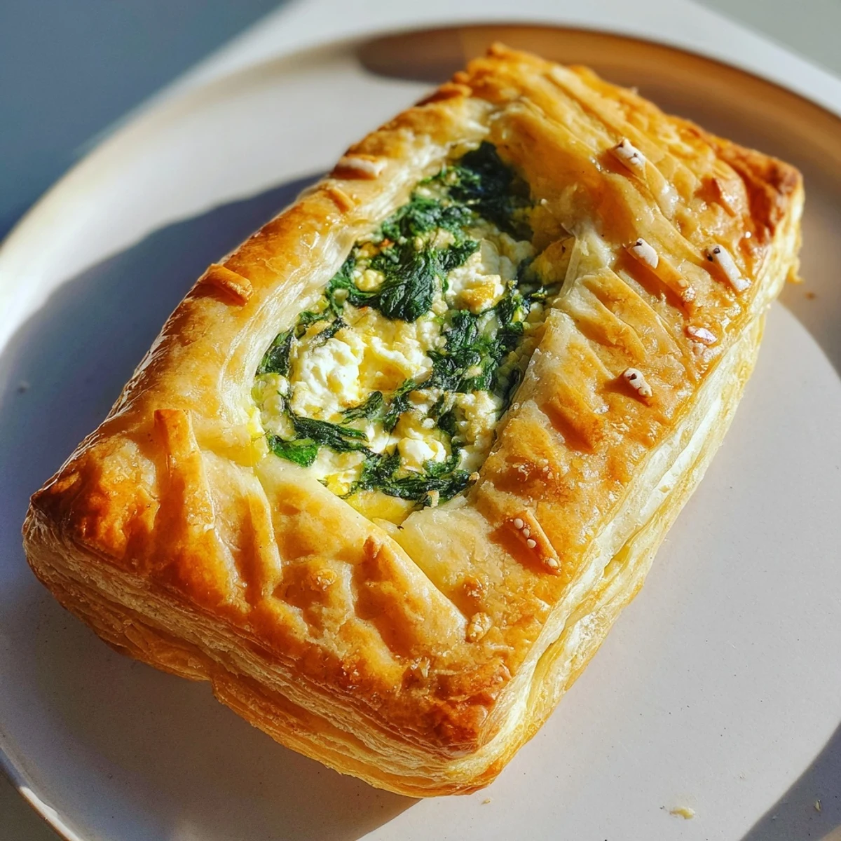 Close-up of Green Spinach and Feta Puff Pastry with egg wash shine, highlighting the savory spinach, onions, and crumbled feta tucked inside crispy pastry.