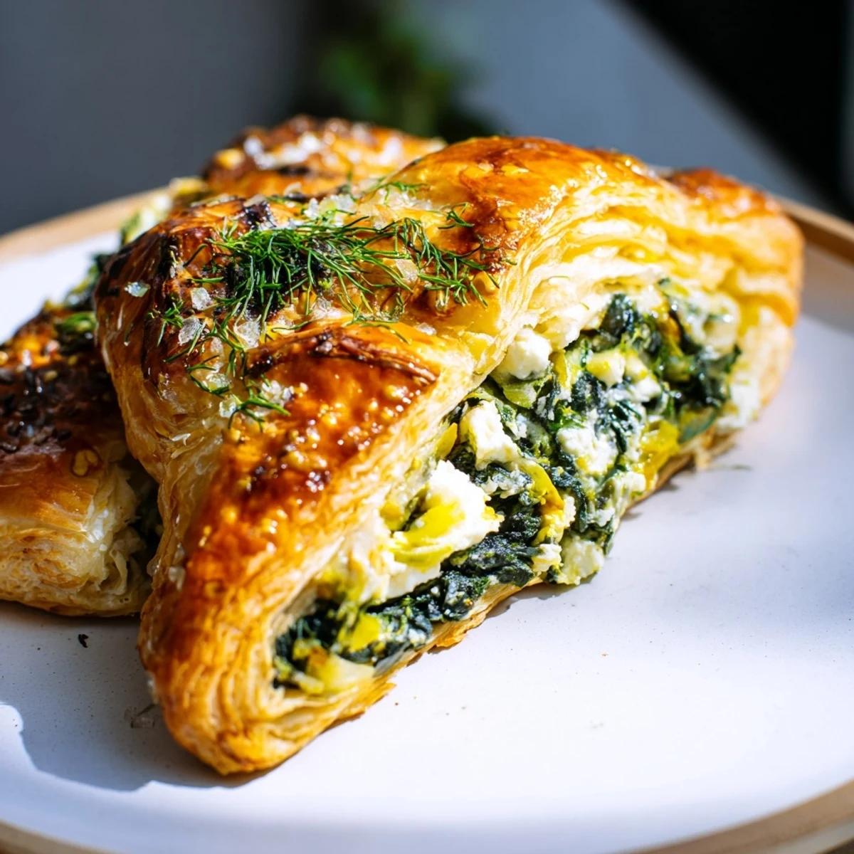 A slice of Green Spinach and Feta Puff Pastry reveals a creamy feta and ricotta interior, served alongside a fresh salad for a Mediterranean lunch.