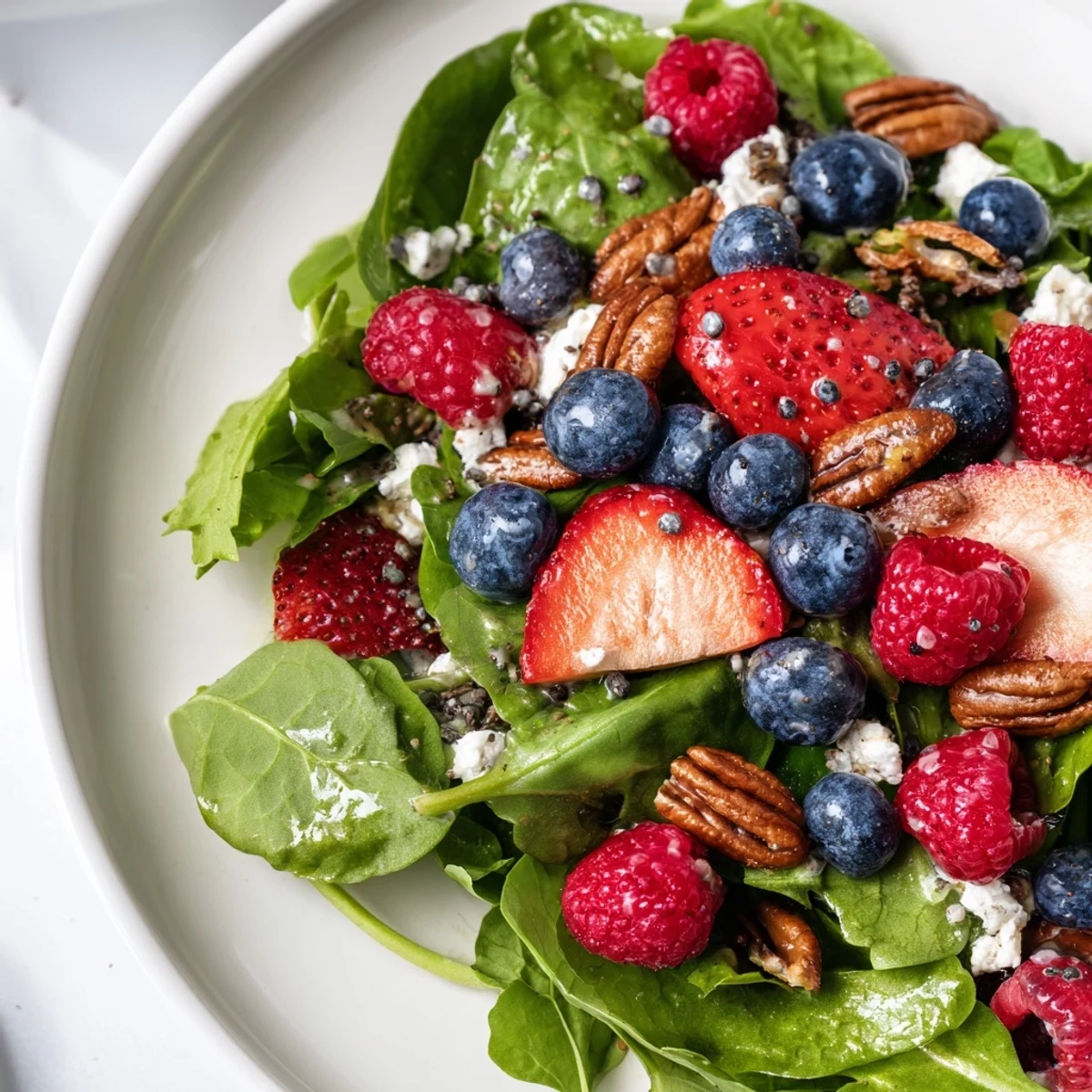 Fresh strawberries, blueberries, and raspberries on mixed greens in the Sweetheart Berry Salad, tossed in creamy poppy seed dressing.