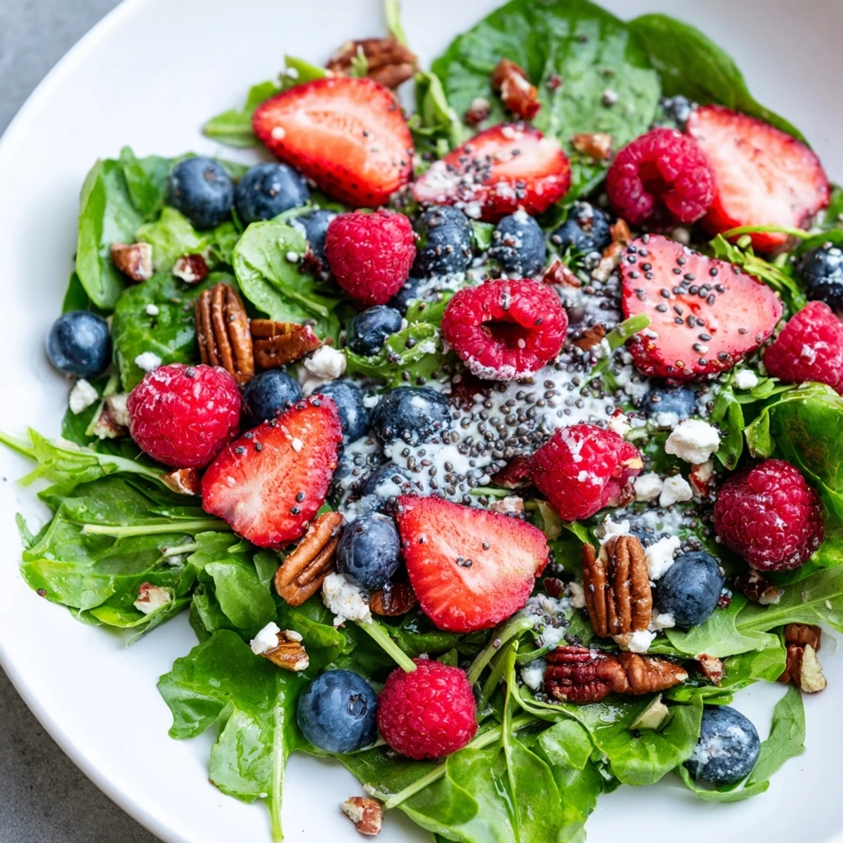 Crisp greens, feta, and toasted pecans topped with poppy seed dressing on the Sweetheart Berry Salad.