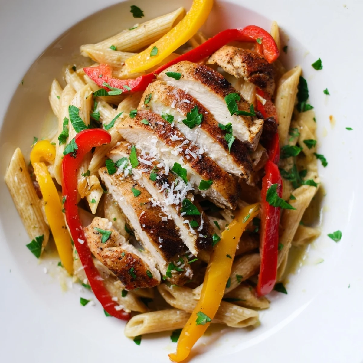 Freshly grated Parmesan and chopped parsley garnish this creamy Cajun Chicken Pasta with Cream Sauce, served on a plate. 