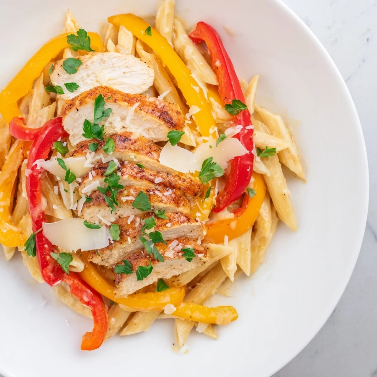 Cajun Chicken Pasta with Cream Sauce steaming in a skillet with colorful peppers and a rich, cheesy sauce. 