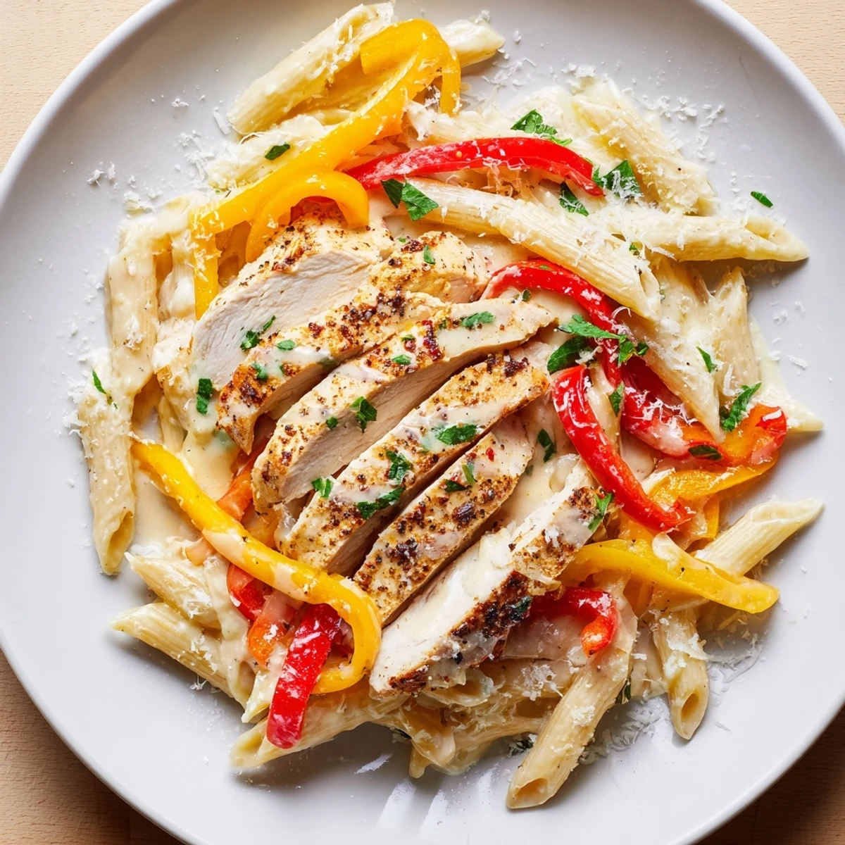 Sliced Cajun-spiced chicken and penne pasta tossed in a luscious Parmesan cream sauce with sautéed peppers.